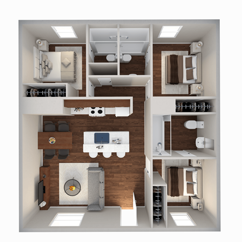 a 3d rendering of a 1 bedroom floor plan with a bathroom and living room